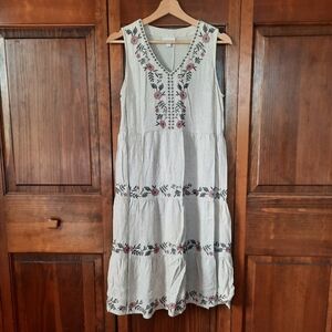J. Jill Linen Blend Oatmeal Floral Embroidered Tiered Midi Tank Dress Size XS